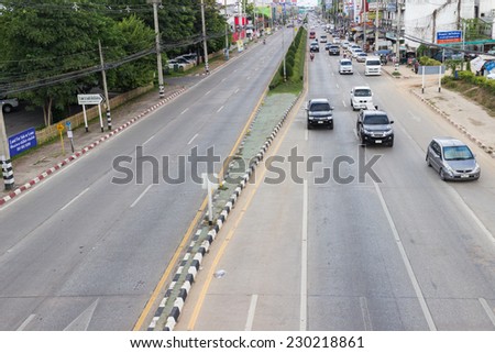 CHIANGMAI - OCTOBER 5, 2014: The bird eye view of traffic in non rush hour in Chiangmai, Thailand on October 5, 2014.