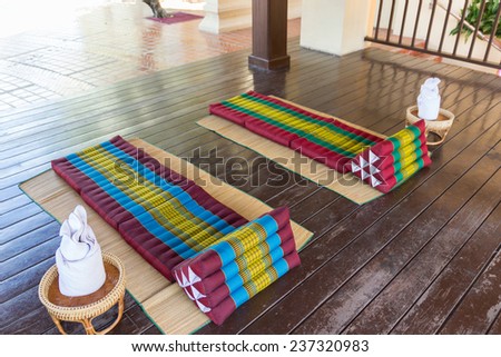 thailand traditional cushion mattress on the mat for outdoor spa massage