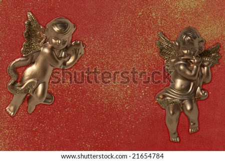 Gold angels on red a background with gold drops (a series)