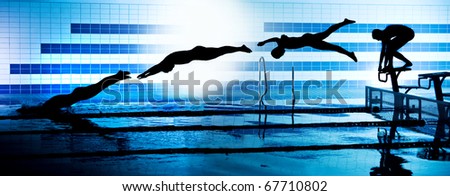 sequence black silhouettes of jumping swimmer from starting platform on swimming pool