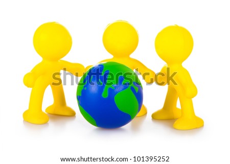 Three persons have control over globe. The concept of association of mankind for life preservation on the Earth