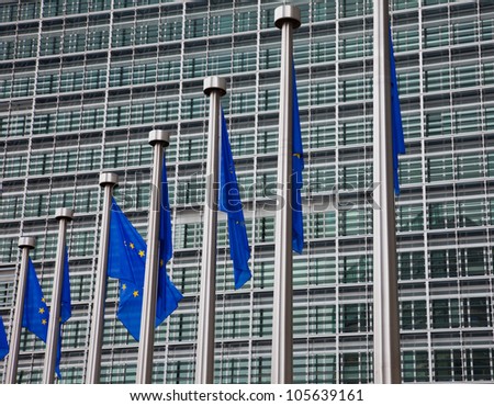 European flags in front of the Berlaymont building, headquarters of the European commission in Brussels.