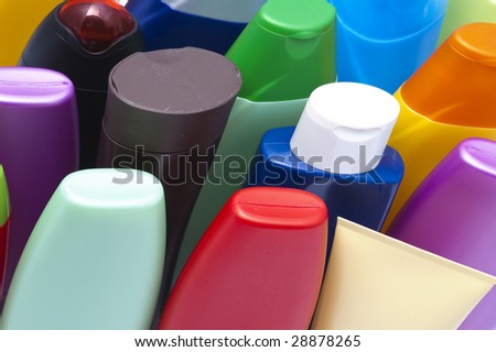 Colour plastic bottles with cosmetic washing-up liquids