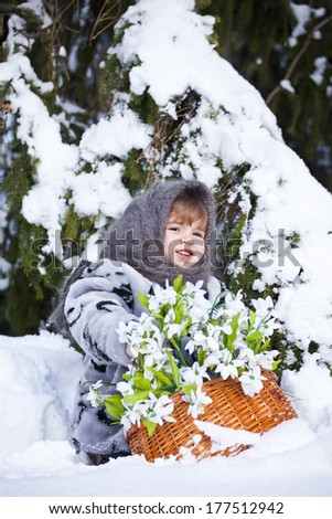 little girl in a down scarf, a fur coat and valenoks bears a big basket with snowdrops in the winter wood