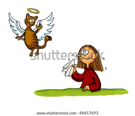 stock photo : Girl waving goodbye to her Cat who turned into an angel and flies