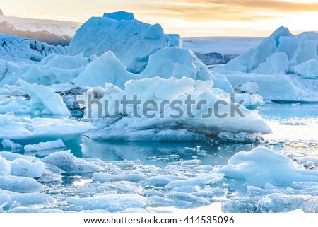 Beautiful view of icebergs in Jokulsarlon glacier lagoon, Iceland;  selective focus