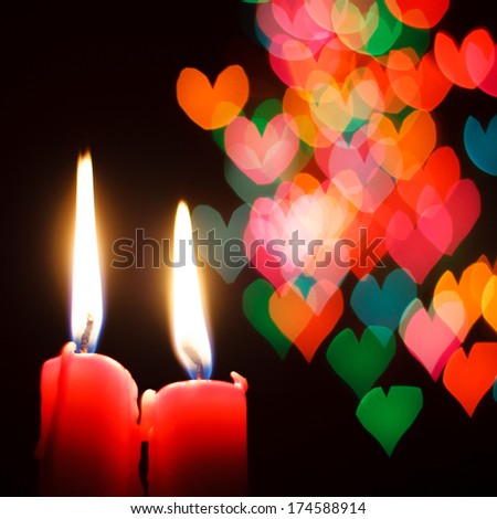 St Valentine\'s day greeting card with candle and hearts