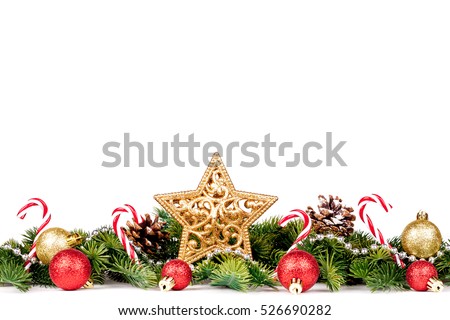 Christmas Border - tree branches with golden balls, candy and big star isolated on white, horizontal banner