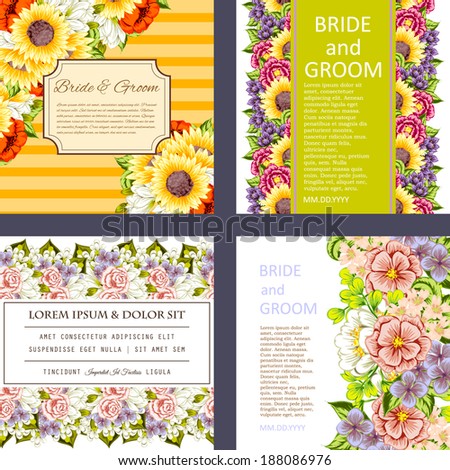 Set of Wedding invitation cards with floral elements.
