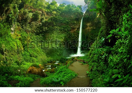 View Of Waterfall And Greenish Forest Landscape Taken At Rainbow Waterfall A.K.A. Coban Pelangi, Malang, East Java, Indonesia