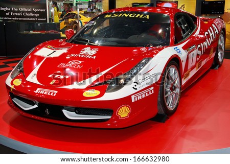 NONTHABURI - NOVEMBER 28: Closed up of Ferrari 458 decoration and modify by Singha Team display on stage at The 30th Thailand International Motor Expo on November 28, 2013 in Nonthaburi, Thailand.