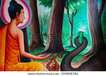 PHUKET ,THAILAND - JUNE 23 : Traditional Thai mural painting of the Life of Buddha on temple wall at Wat Chalong temple Shrine on June 23, 2014 in Phuket, Thailand.