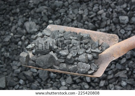 Shovel and coal in the background coal mine
