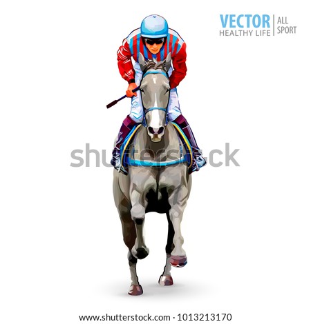 Jockey on horse. Champion. Horse racing. Hippodrome. Racetrack. Jump racetrack. Horse riding. Racing horse coming first to finish line.  Isolated on white background. Vector illustration