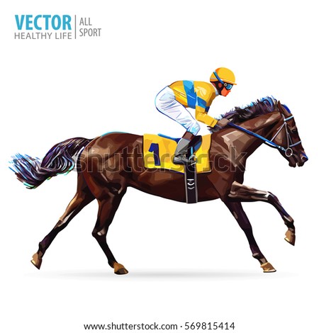 Jockey on horse. Champion. Horse racing. Hippodrome. Racetrack. Jump racetrack. Horse riding. Racing horse coming first to finish line. Vector illustration.