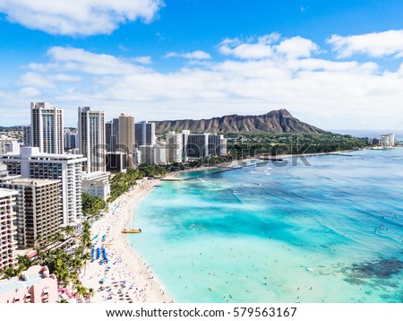 Waikiki Beach and Diamond Head Crater including the hotels and buildings in Honolulu, Oahu island, Hawaii, USA