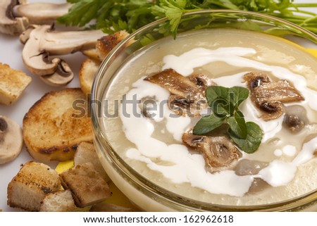 domestic mushroom soup with cream and toasted bread