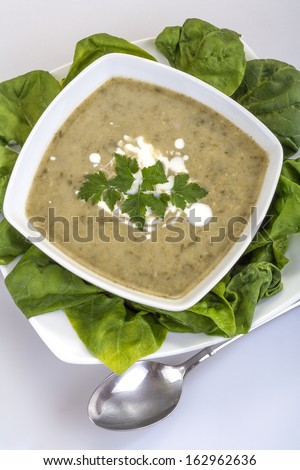 homemade spinach soup with cream and parsley