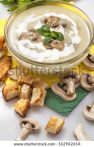domestic mushroom soup with cream and toasted bread