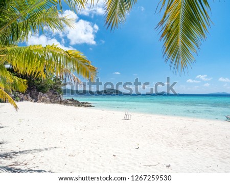 Beautiful beach, view of nice tropical beach with palms around. Holiday and vacation concept with white sand. Philippines, November, 2018