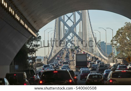 Massive traffic jam In the early morning on the Bay Bridge, at the exit of a tunnel. It is the main connection between the cities of Oakland and San Francisco, CA