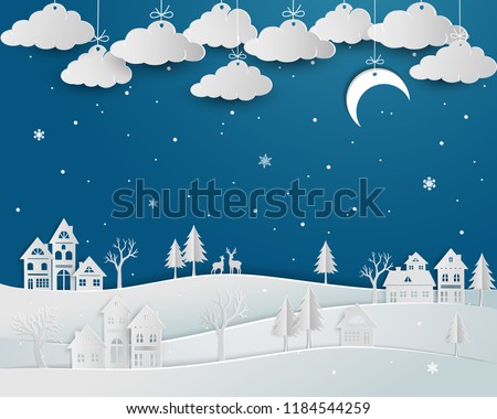 Nature landscape with countryside in winter season,abstract blue night background on paper art design
