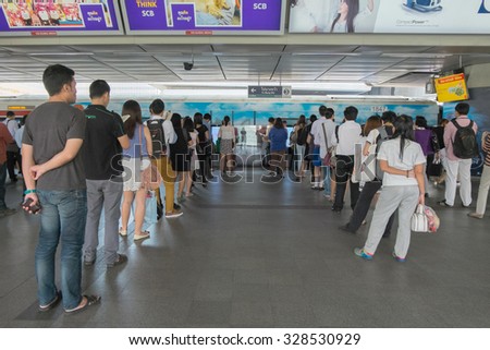 Bangkok, Thailand - 16 October 2015 - People standing in lines waiting for BTS sky train at Siam station on 16 October 2015 in Bangkok Thailand