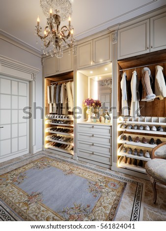Luxurious Walk-in closet wardrobe room in large house in classic style. 3d render