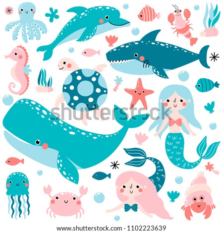 Vector set of underwater animals and mermaids.