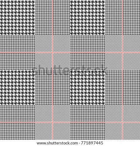 Prince of Wales / glen plaid check in classic black and white with red overcheck. Seamless fabric texture pattern.