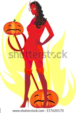Devil woman with pumpkins and trident