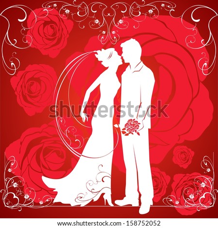 Silhouette of bride and groom on background of roses