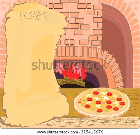 Background with recipe, oven and pizza