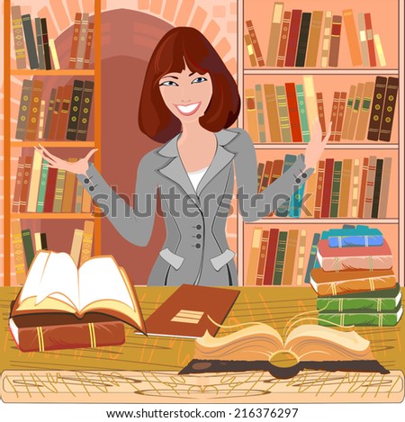 Librarian with an open book on background bookshelf