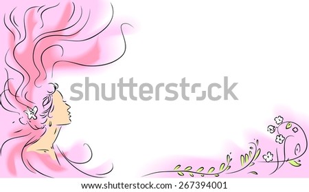 Sketch of girl with long hair and flowers