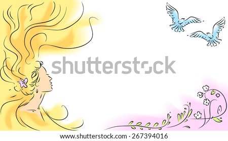 Sketch of girl with long hair and flying birds