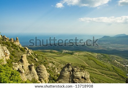 beautiful, blue, bushes, campaign, clouds, distance, freedom, grass, green, height, holiday, landscape, limestone, loose, mountains, pure, rocks, shade, sky, stones, trees, valley, walk
