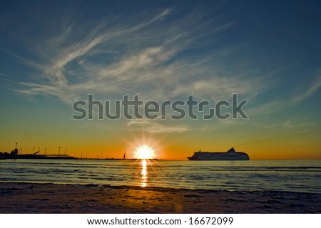 The sea the sun the sky decline sand beach the ferry the ship port