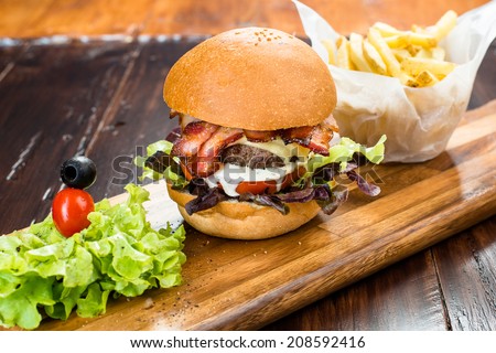 Rustic Home Hamburger with Salad and French Fries