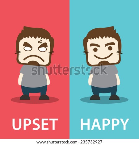 Before and after, unhappy man becomes very happy man. Vector illustration. Flat design. Emotion concept