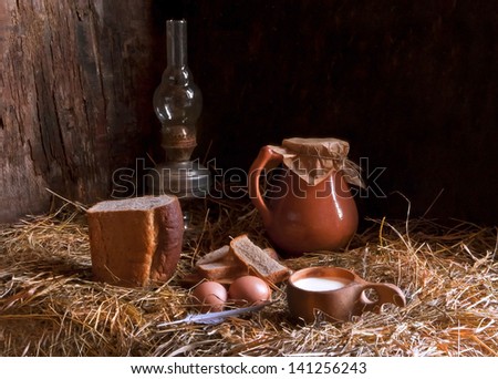 Morning milk bread hay hayloft egg jug pitcher