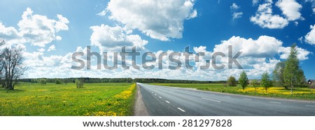 Asphalt road and dandelion field on synny day