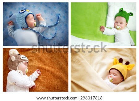 set of colourful pictures of sleeping baby in animal hats