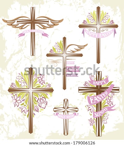 Set of easter crosses with floral decorations and ribbons