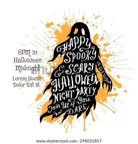 Halloween invitation banner with black shape of ghost and calligraphic holiday wishes. Halloween retro hand lettering poster.