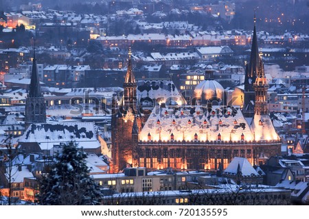 Aachen town hall and cathedral with snow in winter. Aachen, Germany.