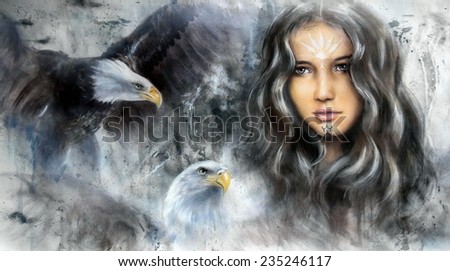Beautiful oil painting of a young woman face with long dark hair and two eagles, Indian vision