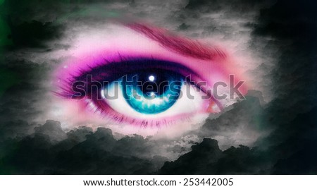 beautiful women eye painting in cloud sky effect black and white retro style