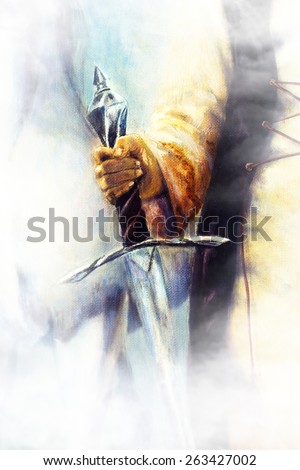 medieval sword in woman hand on color painting  background