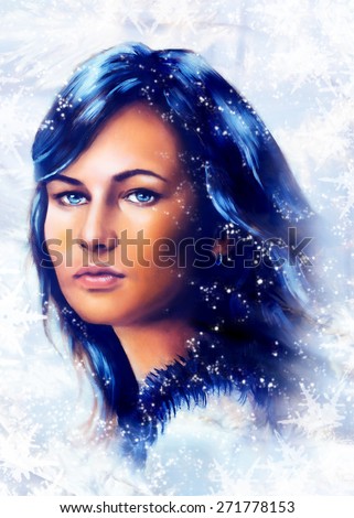 Ice queen - beautiful woman in winter, painting collage
